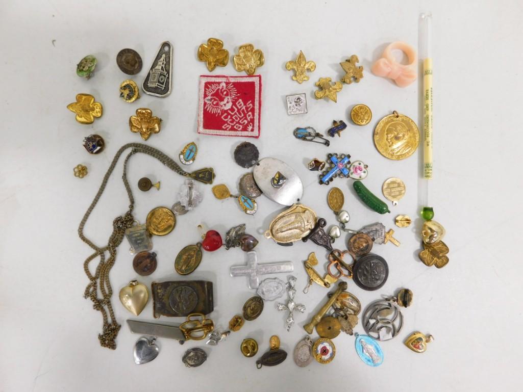Lot of Smalls incl Religious Pendants, Costume Jewelry, Cub Scouts Patch, etc (1 of 4)