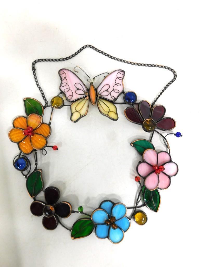 Stained Glass Window Hanging Wreath with Flowers and Butterfly (1 of 3)