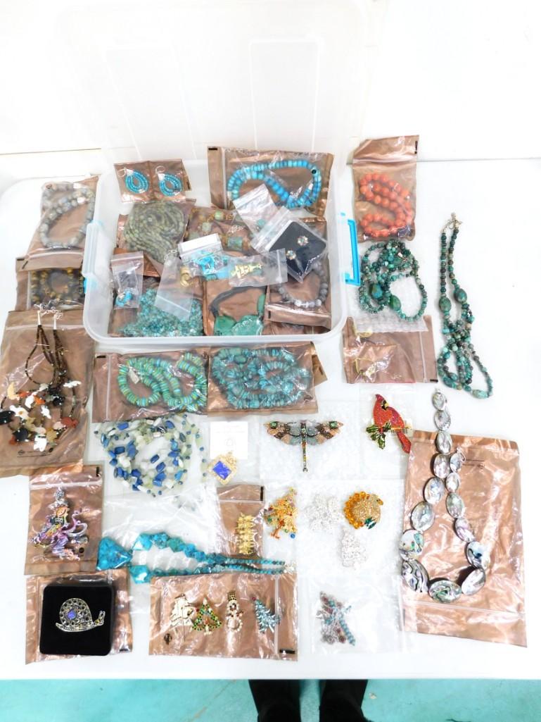 Costume Jewelry incl 3 Strand Zuni Fetish Necklace with Semi Precious Stones, Rhinestone Brooches, (1 of 12)