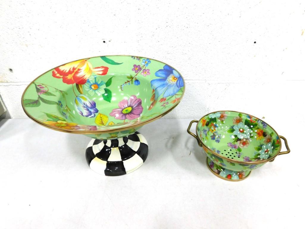 Mackenzie Childs Green Flower Market Footed Compote and Strainer or Colander (1 of 5)