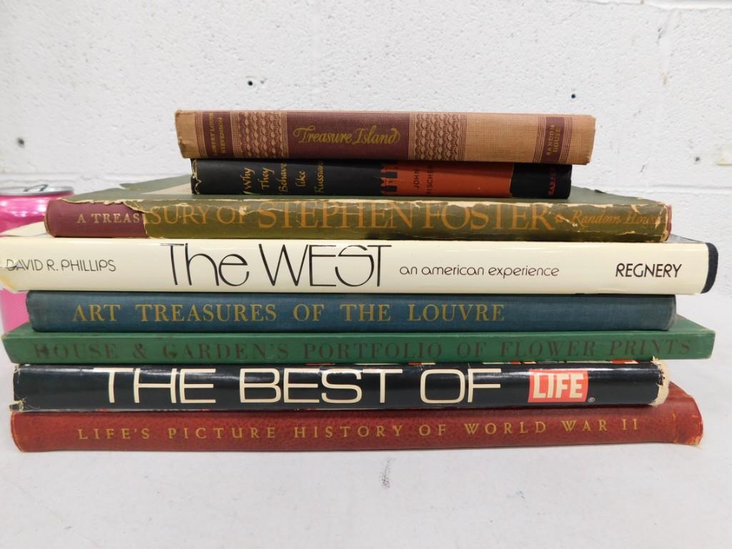 Lot of Vintage Books incl Treasure Island, Treasury of Stephen Foster, Art Treasures of the Louvre, (1 of 2)