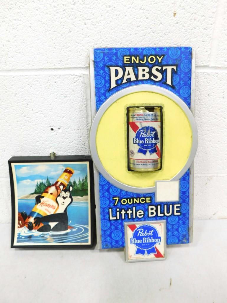 Vintage Hamm's Beer Wall Hanging and a PBR Wall Hanging: Vintage Hamm's Beer Advertising Wall Hanging and a PBR Pabst Blue Ribbon Wall Hanging Condition: Both items have cracks/damage. Please see pictures