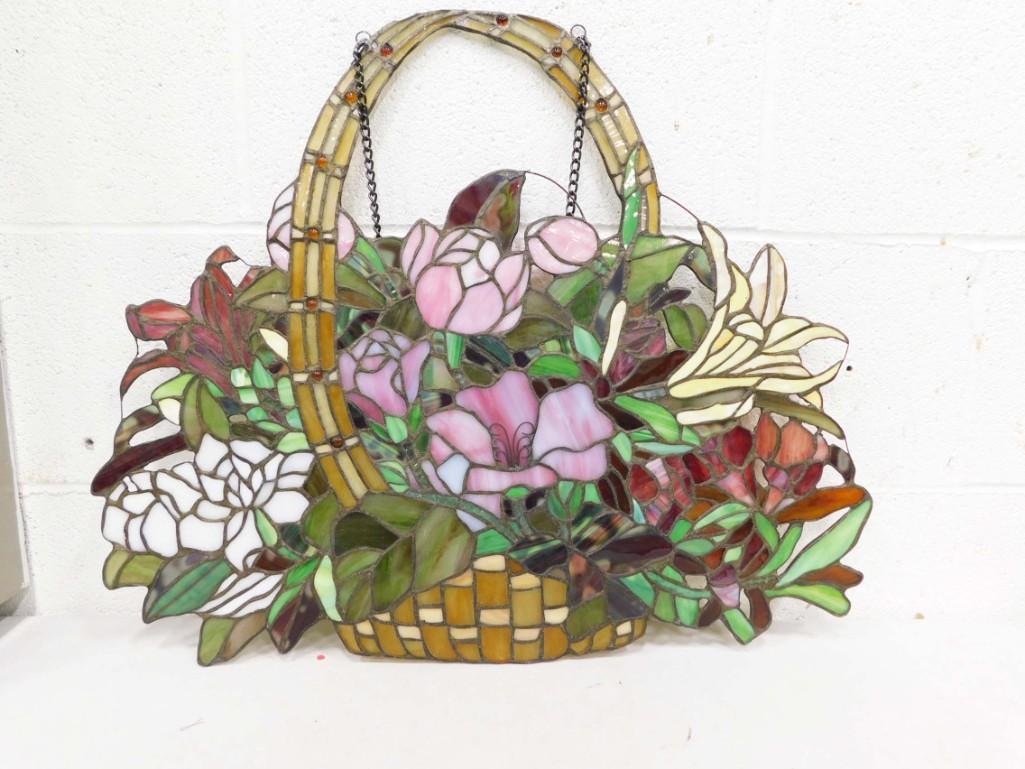 Stained Glass Window Hanging Flower Basket Design Approx 24" x 20" (1 of 8)