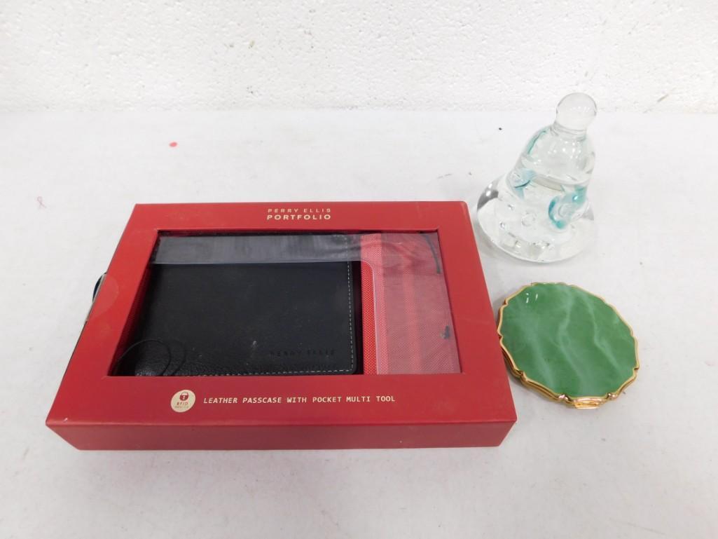 Joe Rice Art Glass Paperweight, Perry Elis Wallet, Vintage Compact (1 of 10)
