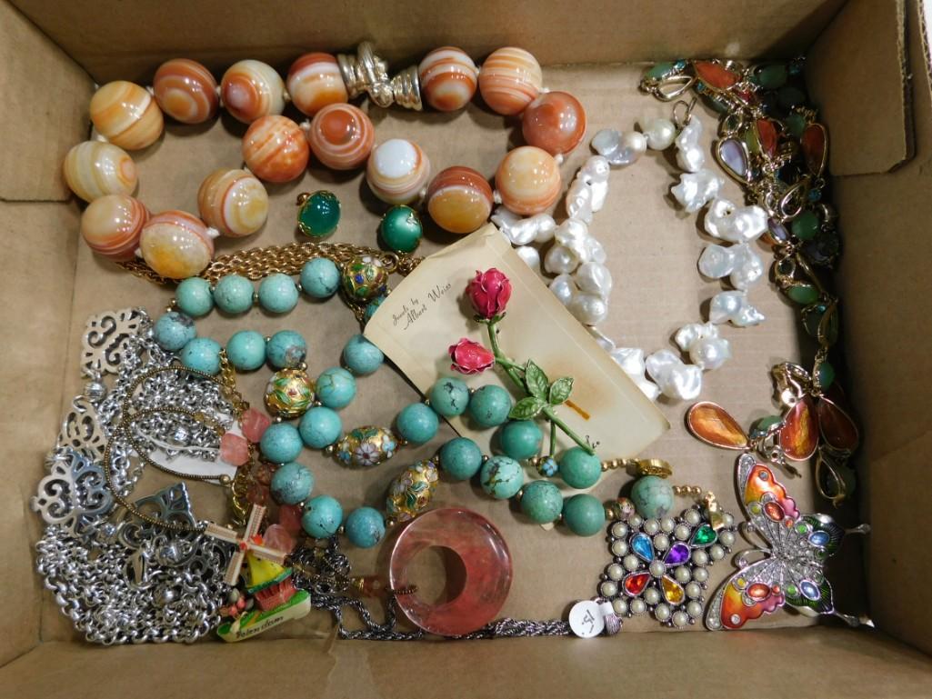 Lot of Costume Jewelry including an agate necklace: Lot of Costume Jewelry including an agate necklace, Anne Klein Necklace, Cloisonne Necklace, Geneva Necklace, Pearl Necklace with Sterling Clasp. Butterfly broach has no pin.. Tray is not included. We
