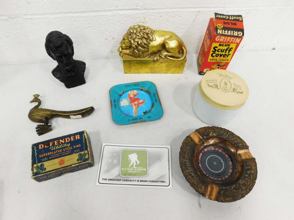 Misc Lot incl Roulette Wheel Ashtray, Pinup Girl Ashtray, Brass Peacock, Vintage Pins, Lincoln