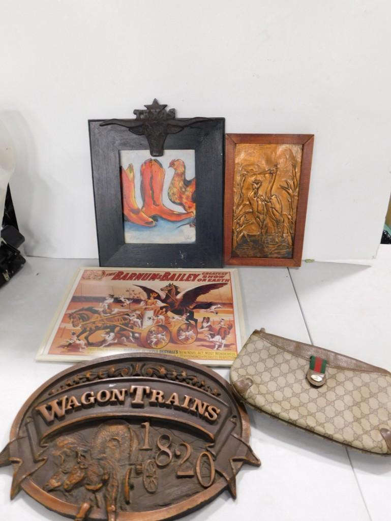 Misc. Lot including Cowboy Boot print, Wagon Trains Wall hanging, Purse (1 of 9)