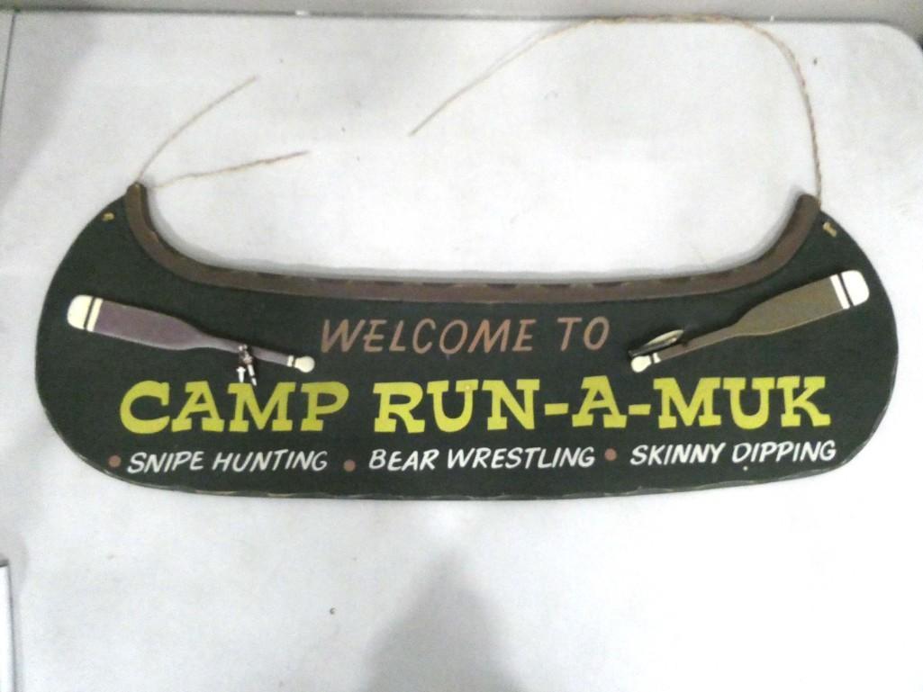 Wood Cabin Decor Sign "Welcome to Camp Run-A-Muk Snip Hunting, Bear Wrestling, Skinny Dipping: Wood Cabin Decor Sign "Welcome to Camp Run-A-Muk Snip Hunting, Bear Wrestling, Skinny Dipping