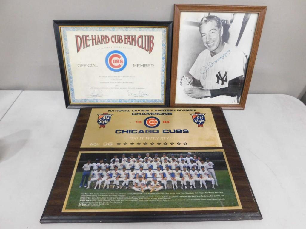 Framed Photo of Joe MiMaggio Signed NO COA, Cubs Die Hard Cub Fan Club Certificate, 1994 Chicago Cub (1 of 5)