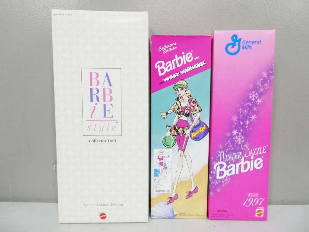 3 Barbie Dolls incl Collector Style Barbie, Barbie Wacky Warehouse, and General Mills Winter Dazzle: 3 Barbie Dolls incl Collector Style Barbie, Barbie Wacky Warehouse, and General Mills Winter Dazzle Barbie. All new in box