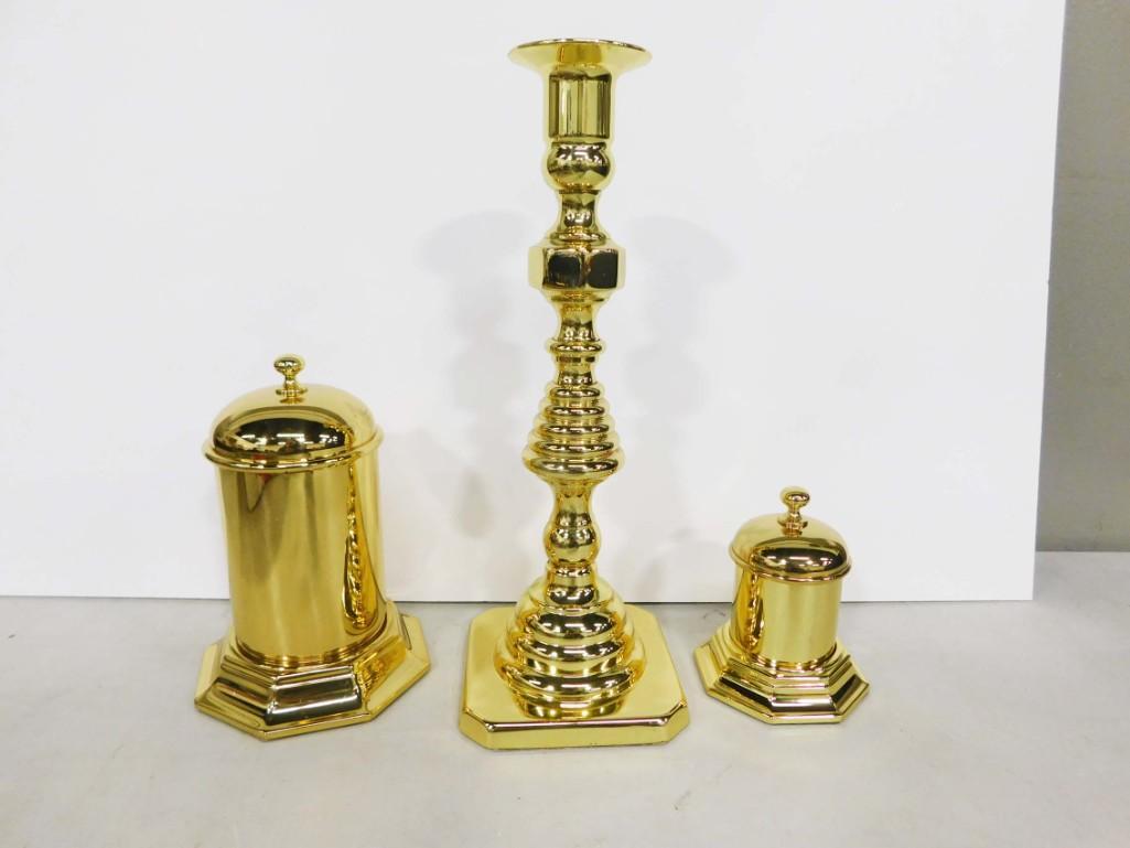 Baldwin Brass Candlestick Holder and 2 Brass Containers (1 of 3)