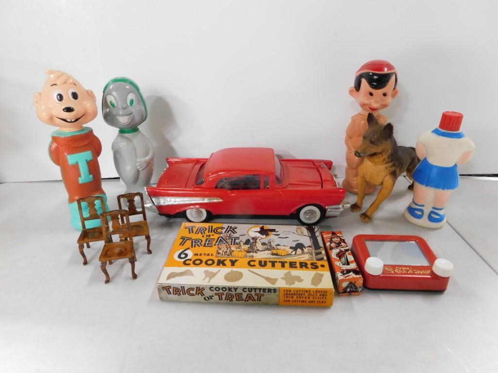 Vintage Lot incl Soakie Bottles, Halloween Metal Cookie Cutters, Dollhouse Chairs, Model Car (1 of 7)