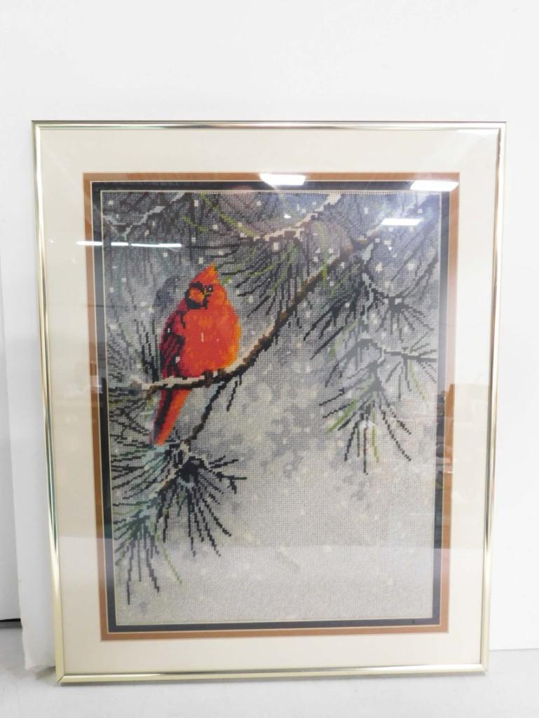 Vintage Cross Stitch Winter Cardinal Framed: Vintage Cross Stitch Winter Cardinal Framed