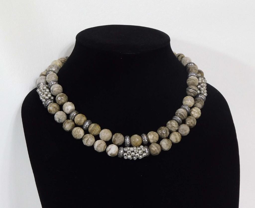Earth Tone Variegated Stone Necklace w/ sterling clasp and Rhinestones: Earth Tone Variegated Stone Necklace w/ sterling clasp and Rhinestones - 16" and 18" double strand - PLEASE NOTE: any props, stands, displays, trays, and/or quarters shown in the pictures are not incl