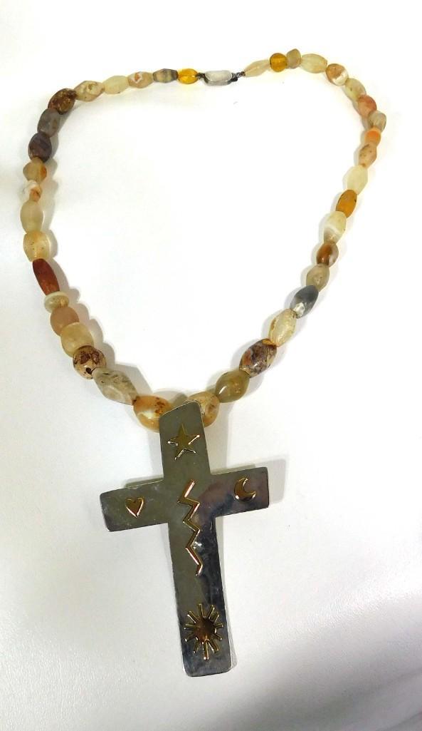Richard Lindsay 4.75" Sterling Cross Necklace w/Earthtone Semi Precious Stones/Beads (1 of 6)
