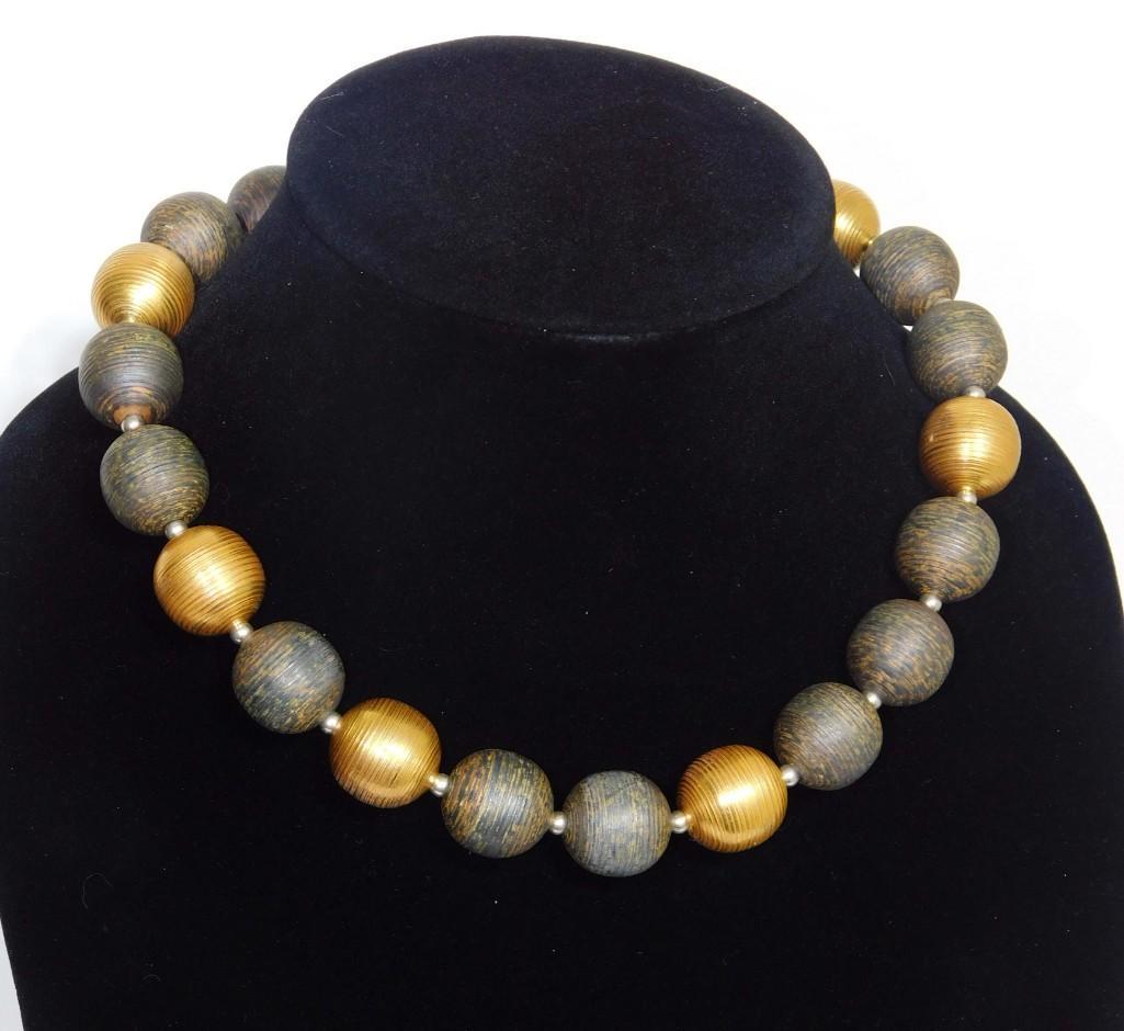 Jan Suchodolski Necklace Sterling with Large Gold & Black Beads: Jan Suchodolski Necklace Sterling Silver with Large Gold & Black Beads - 17" - PLEASE NOTE: any props, stands, displays, trays, and/or quarters shown in the pictures are not included with the 