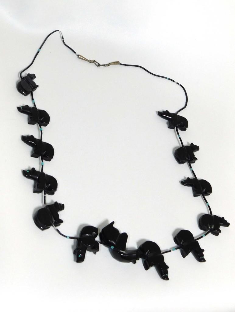 Zuni Native American Sterling Cones w/13 Carved Black Bears Fetish w/Turquoise Eyes Necklace (1 of 6)
