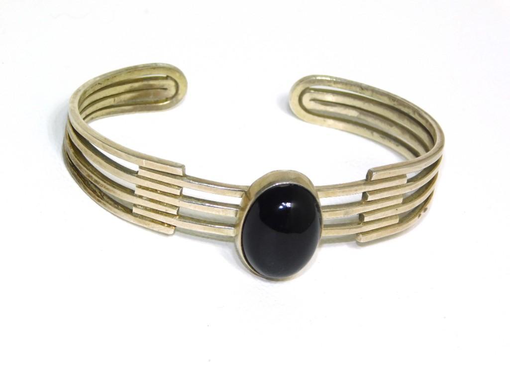 Mexico Sterling 3 & 4 Strand Cuff Bracelet w/Black Oval Stone (1 of 4)