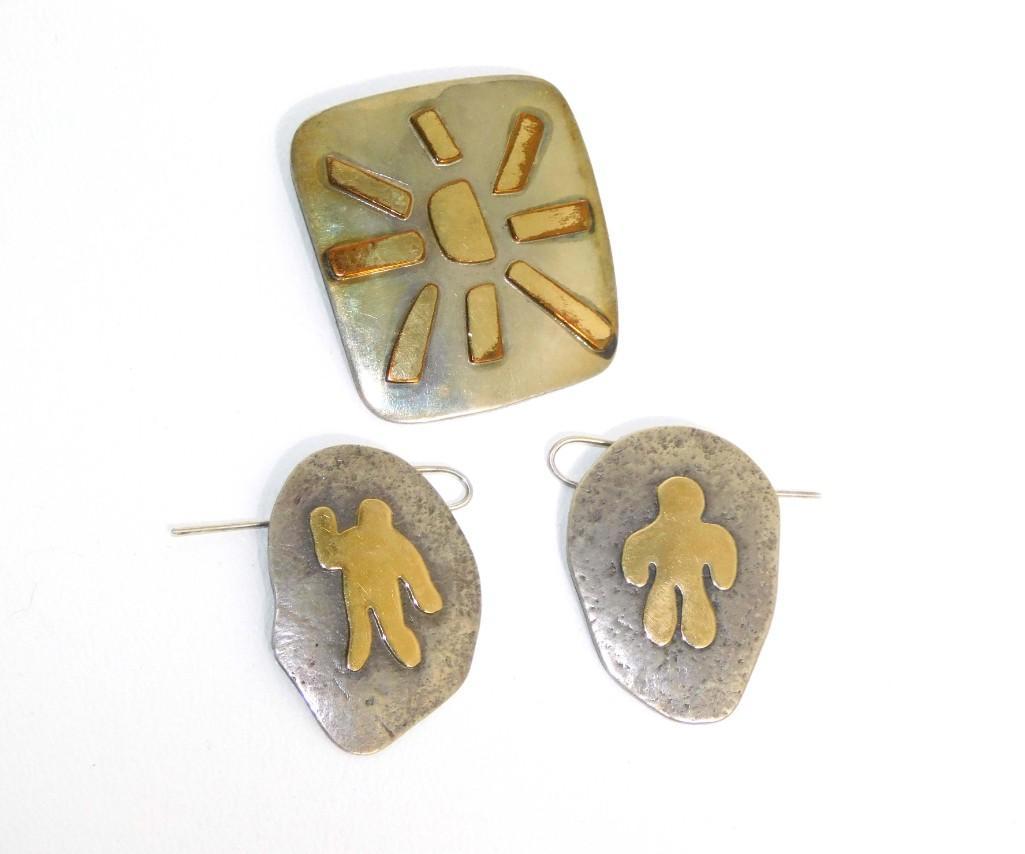 Richard Lindsay Sterling Square Petroglyphs Pin and Man Figural Earrings (1 of 8)