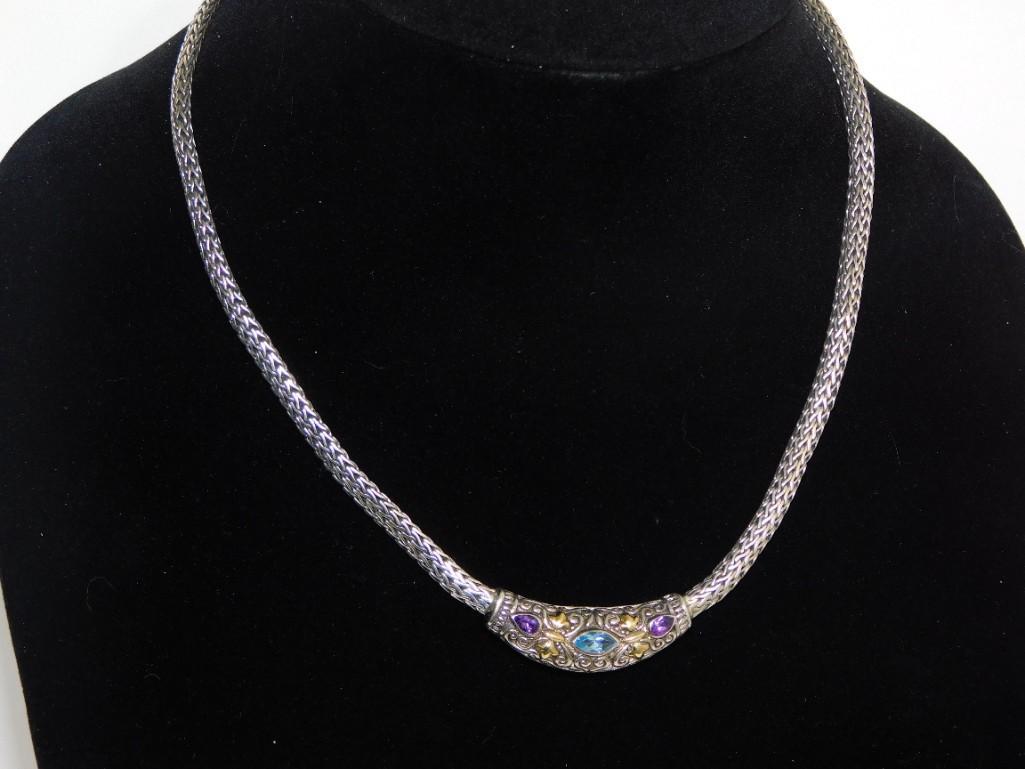 BJC Samuel Benham Sterling w 18K Gold Accents Choker Necklace with three Precious Stones: BJC Samuel Benham Sterling w 18K Gold Accents Choker Necklace with three Precious Stones - 1.61 oz. 45.36g total weight - PLEASE NOTE: any props, stands, displays, trays, and/or quarters shown in the 