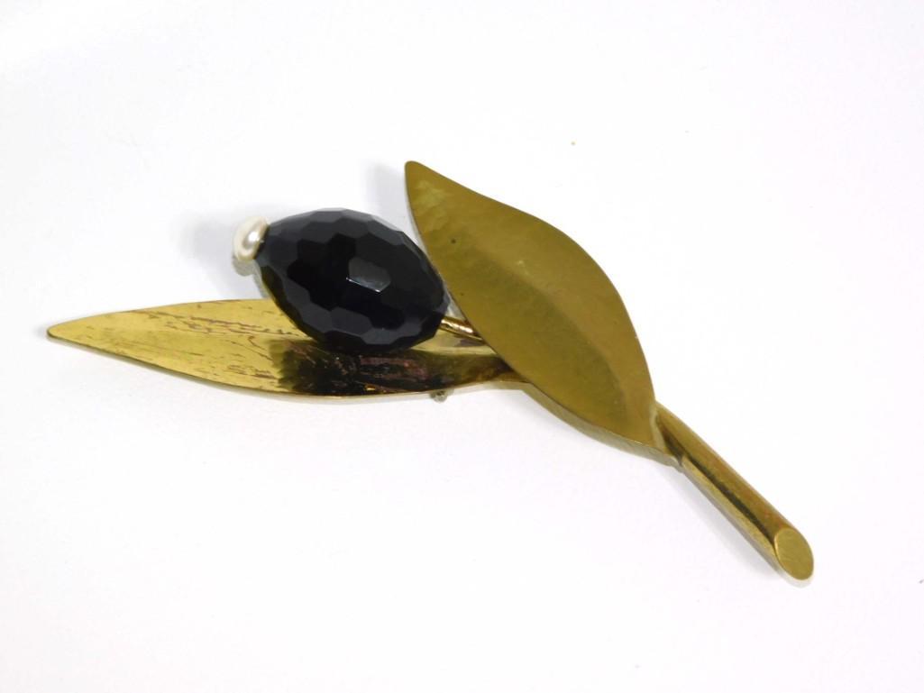 Fabrice Paris Pin or Brooch Brass Leaf w/ Black Glass (1 of 4)