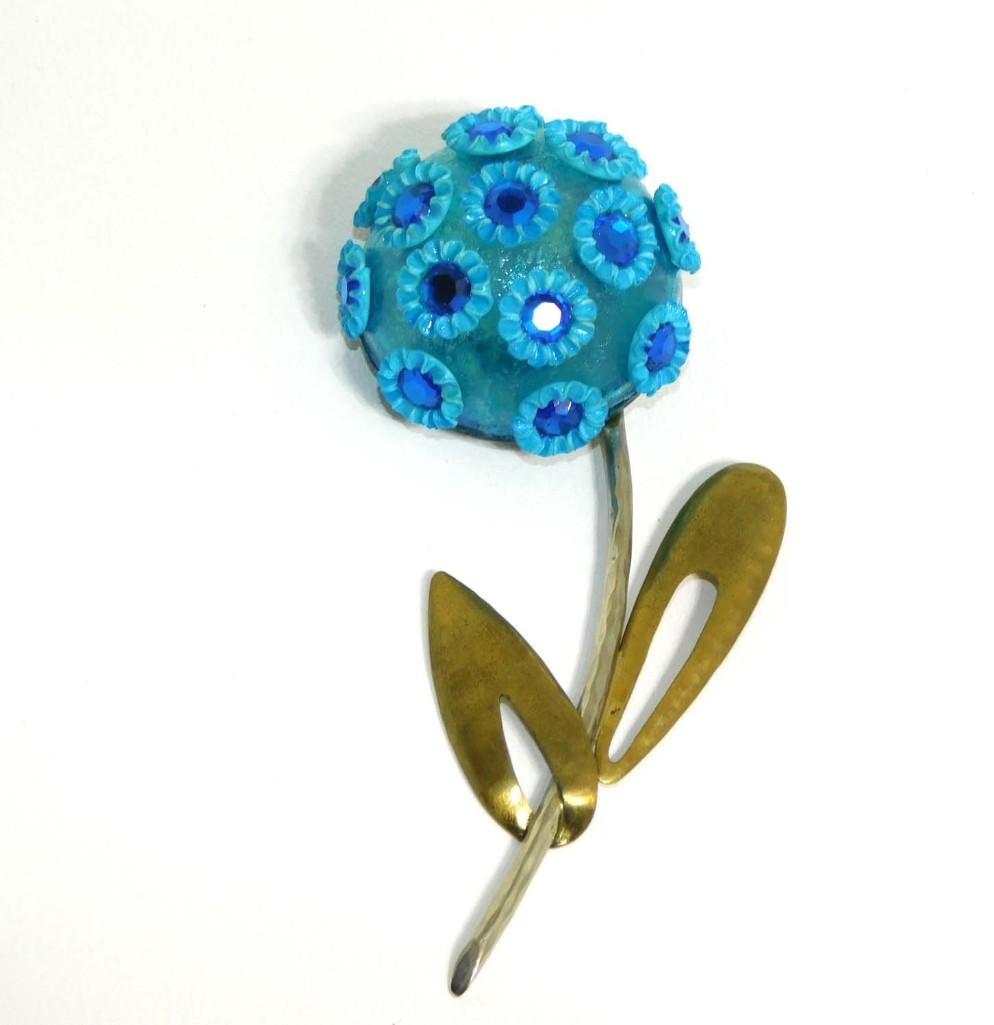 Fabrice Paris Pin or Brooch Brass and Blue Flower (1 of 4)