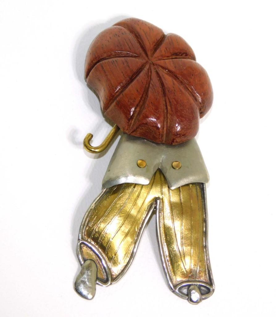Fabrice Paris Pin or Brooch Person Under Umbrella: Fabrice Paris Pin or Brooch Person Under Umbrella - Approx. 3 3/4" Length - PLEASE NOTE: any props, stands, displays, trays, and/or quarters shown in the pictures are not included with the item(s)