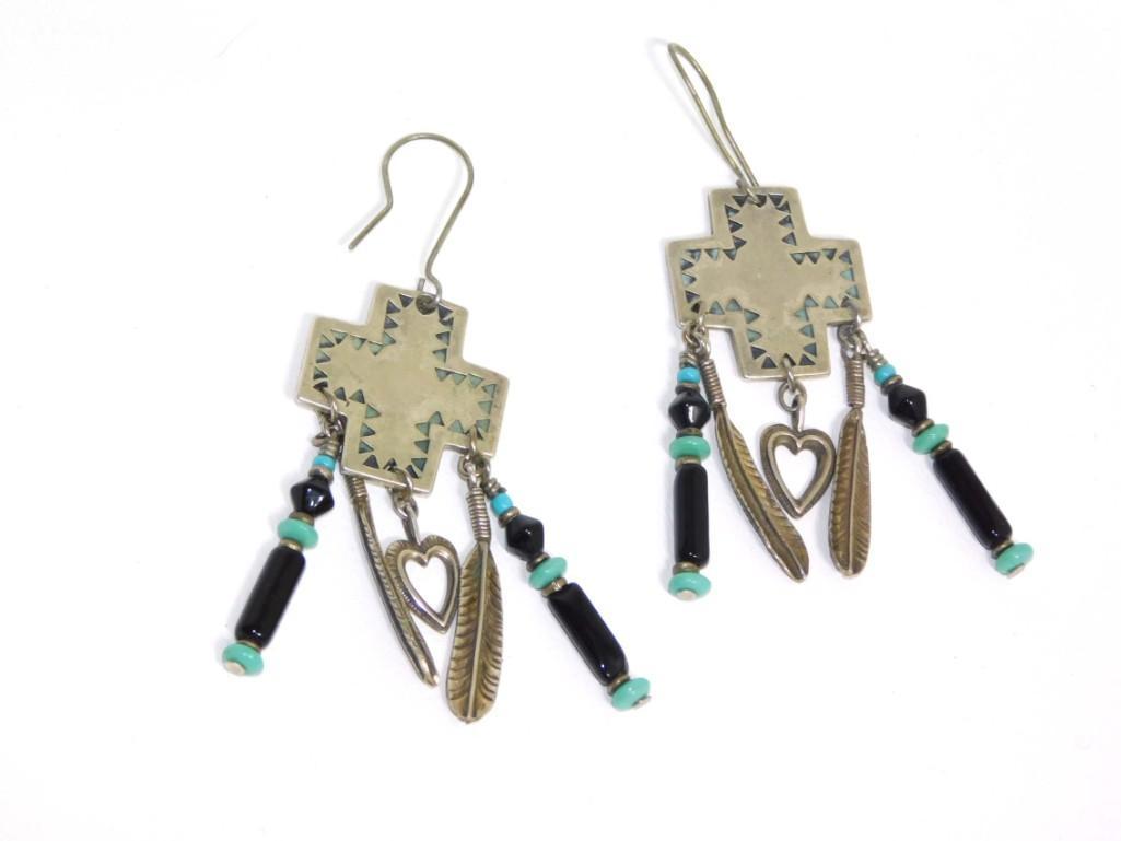Southwestern Sterling Earrings with Turquois and Black Beads: Southwestern Sterling Silver Earrings with Turquois and Black Beads - - PLEASE NOTE: any props, stands, displays, trays, and/or quarters shown in the pictures are not included with the item(s) and are