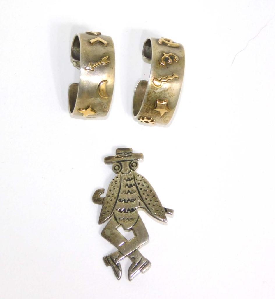 Richard Lindsay Sterling Cricket Man Pin & RL Sterling Open Hoop Sterling Earrings with Petroglyph (1 of 8)
