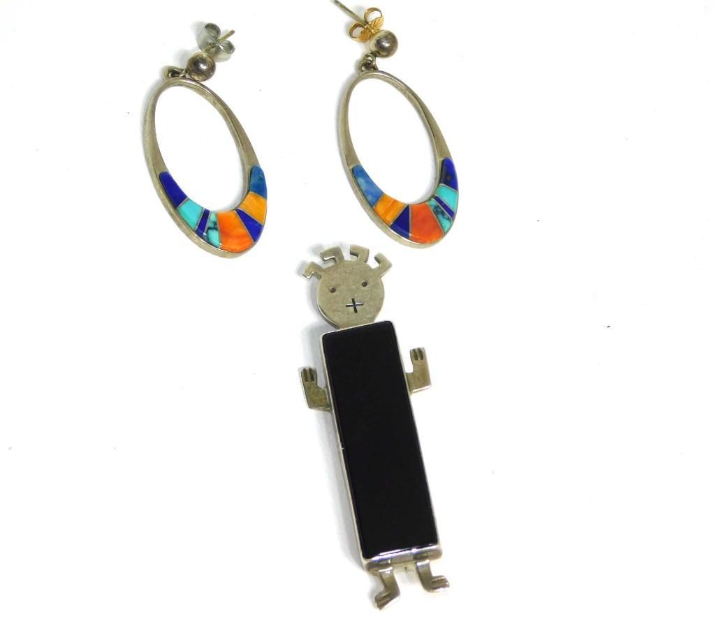 Sterling & Black Stone 2.5" Figural Pin, Calvin Begay Sterling Stone Inlay Oval Earrings (1 of 9)