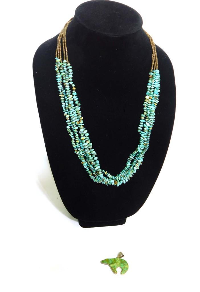 24" Turquoise w/tiny brown flat ring beads Necklace, Bear Pendant w/green Jade? Inlay (1 of 7)