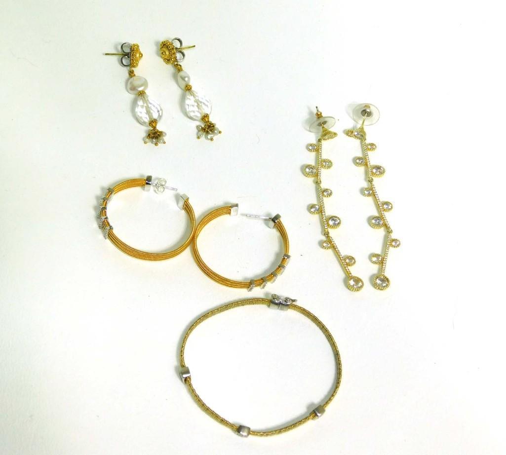 3 Pairs of Earrings, Hoop, Teardrop Saltwater Pearl, Rhinestone Dangles, Sterling 7" Wire Wrappe (1 of 5)
