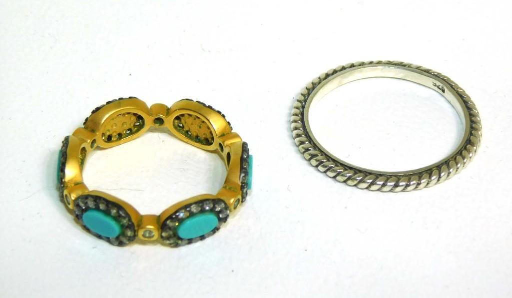 2 Rings Gold Colored Sterling w/Turquoise Glass and Rhinestones, Sterling Rope Ring: 2 Rings Gold Colored Sterling w/Turquoise Colored Glass and Rhinestones, Sterling Rope Ring - Turquoise ring marked FR 925, Rope Ring marked 925 - PLEASE NOTE: any props, stands, displays, trays, and/
