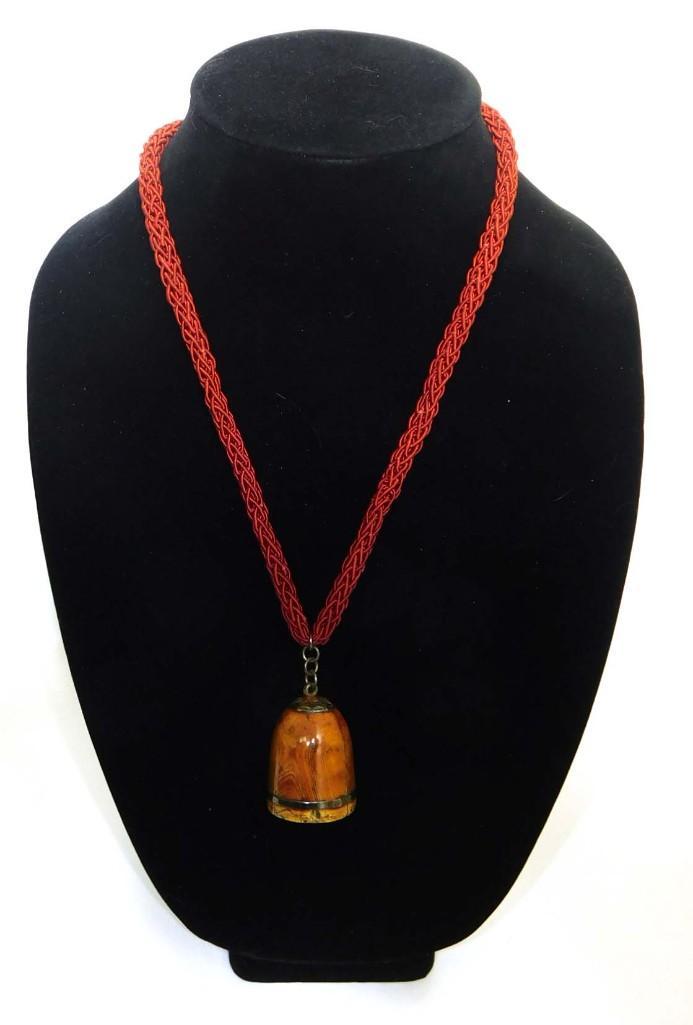 20" Amber Petrified Wood Bell Shaped with Crocheted Burgundy Necklace (1 of 6)