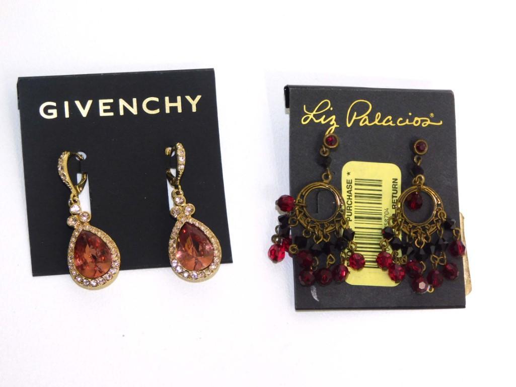 2 Pr of Earrings New on Card incl Givenchy and Liz Palacios: 2 Pr of Earrings New on Card incl Givenchy and Liz Palacios PLEASE NOTE: any props, stands, displays, trays, and/or quarters shown in the pictures are not included with the item(s) and are shown for d