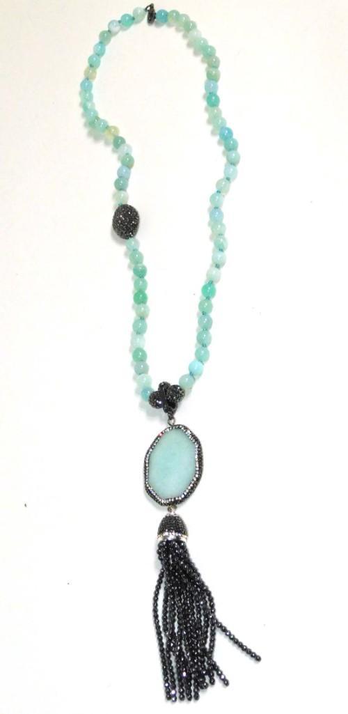 Semi Precious Stone Necklace with Marcasite Tassel: Light Blue Semi Precious Stone Necklace with Marcasite Tassel