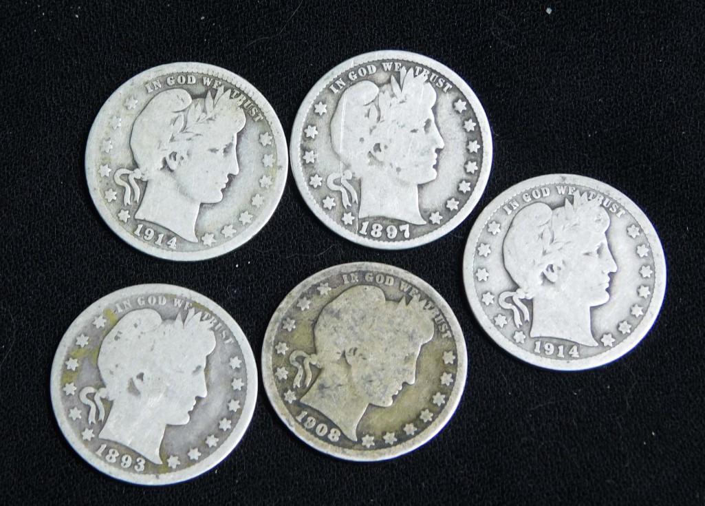 5 Barber Quarters 90% Silver Includes 1893, 1897, 1908, 2-1914 (1 of 2)