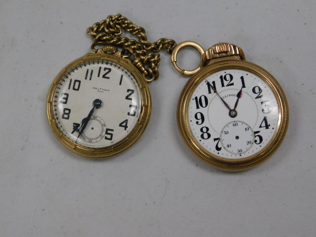 Two vintage or antique pocket watches including Waltham and Illinois: Two vintage or antique pocket watches including Waltham and Illinois. One is missing the cover and second hand and likely needs repair. The other has the second hand loose inside the cover, but the me