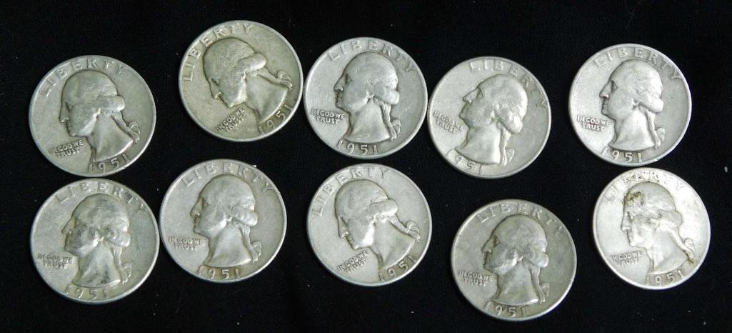 10 Washington Quarters 90% Silver All 1951 (1 of 6)