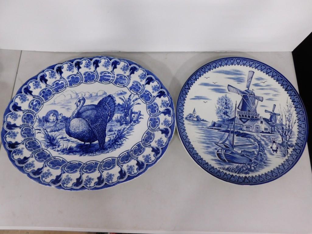 2 Blue and White Plates 1 Appears to be Unmarked Delft and The Other is Florence Bistro: 2 Blue and White Plates 1 Appears to be Unmarked Delft with a windmill design and The Other is Florence Bistro with a turkey design