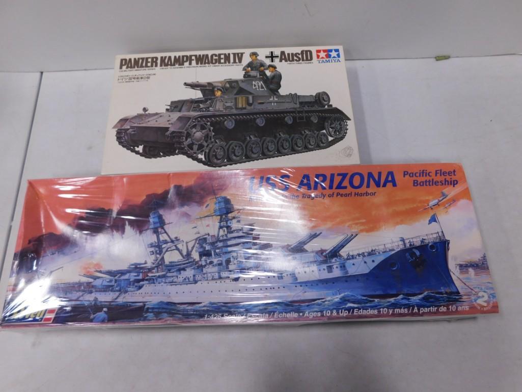 Model Tank and Battleship kits including USS Arizona, Panzer Kampfwagen IV: Model Tank and Battleship kits including Revell USS Arizona Pacific Fleet Battleship, Tamiya Panzer Kampfwagen IV