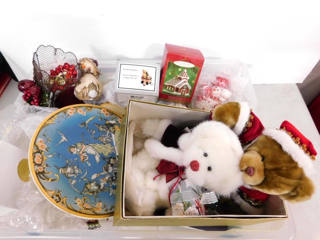Lot of Christmas Decor incl Plush Bears, Hallmark Keepsake Ornament, Etc (1 of 9)