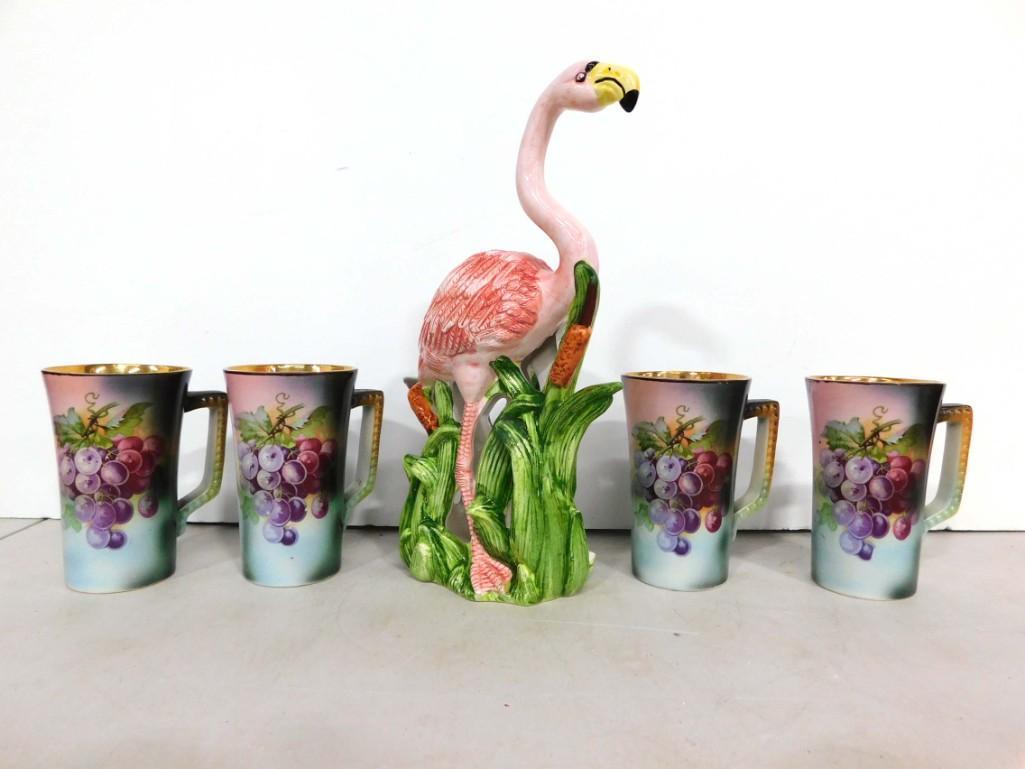 4 Vintage Lsona Goodwin Cups or Mugs and a Vintage Flamingo Statue or Candle Holder: 4 Vintage Lsona Goodwin Cups or Mugs and a Vintage Flamingo Statue or Candle Holder
