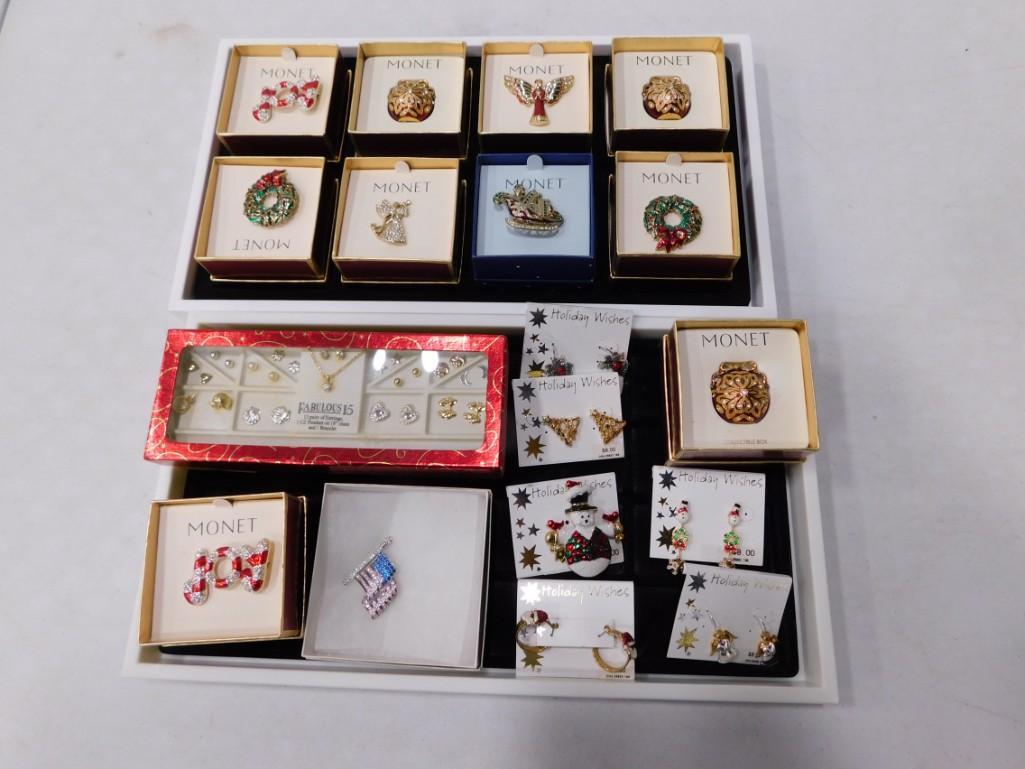 Lot of Costume Jewelry including Pins, earrings, christmas, etc.: Lot of Costume Jewelry including Pins, earrings, Christmas, Monet, etc.