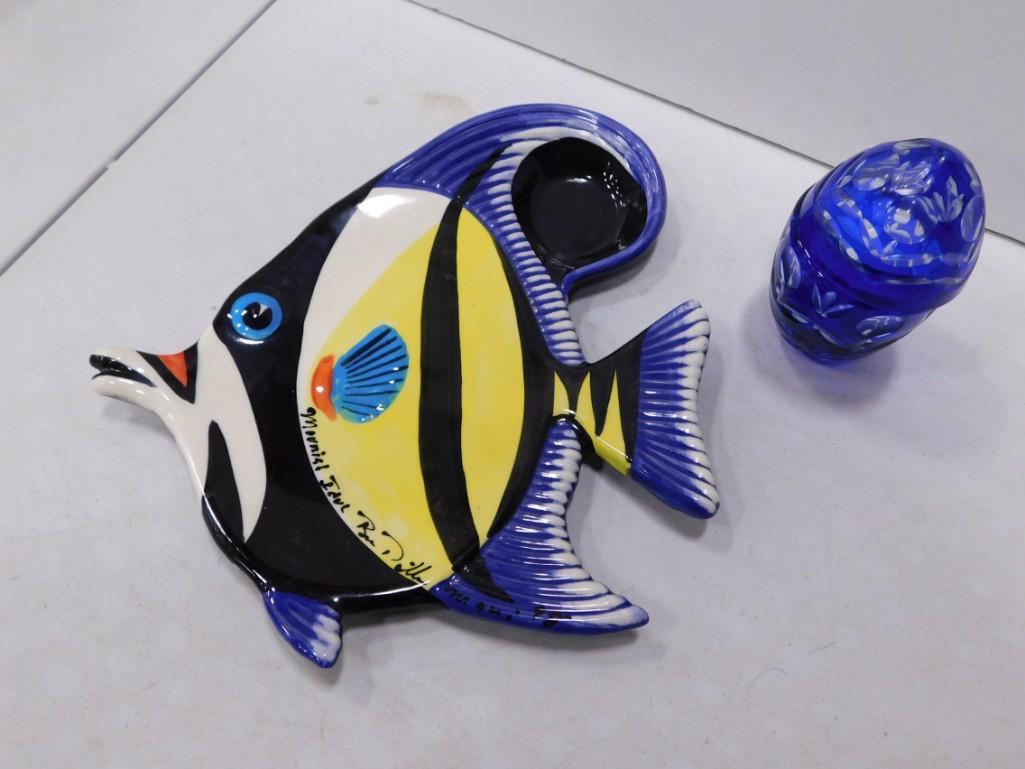 Ben Diller Decorative Fish Plate or Bowl and Blue Cut to Clear Glass with lid (1 of 8)