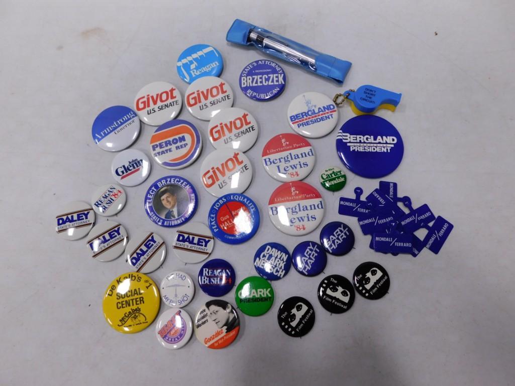 Large Lot of vintage Buttons including political: Large Lot of vintage Buttons including political - Givot US Senate, Bergland Lewis 84, Reagan Bush 84, Brzeczek Astate's Attorney, Carter Mondale, I've had my flu shot, Gary Hart, etc.