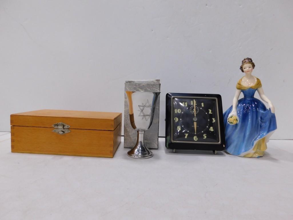 Vintage Chess Set, Kiddish Cup, Wind up Clock and Porcelain Figurine (1 of 11)