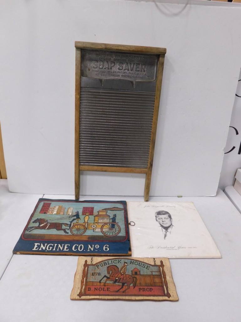 Vintage Washboard, JFK Record, Vintage Firehouse wooden signs (1 of 14)