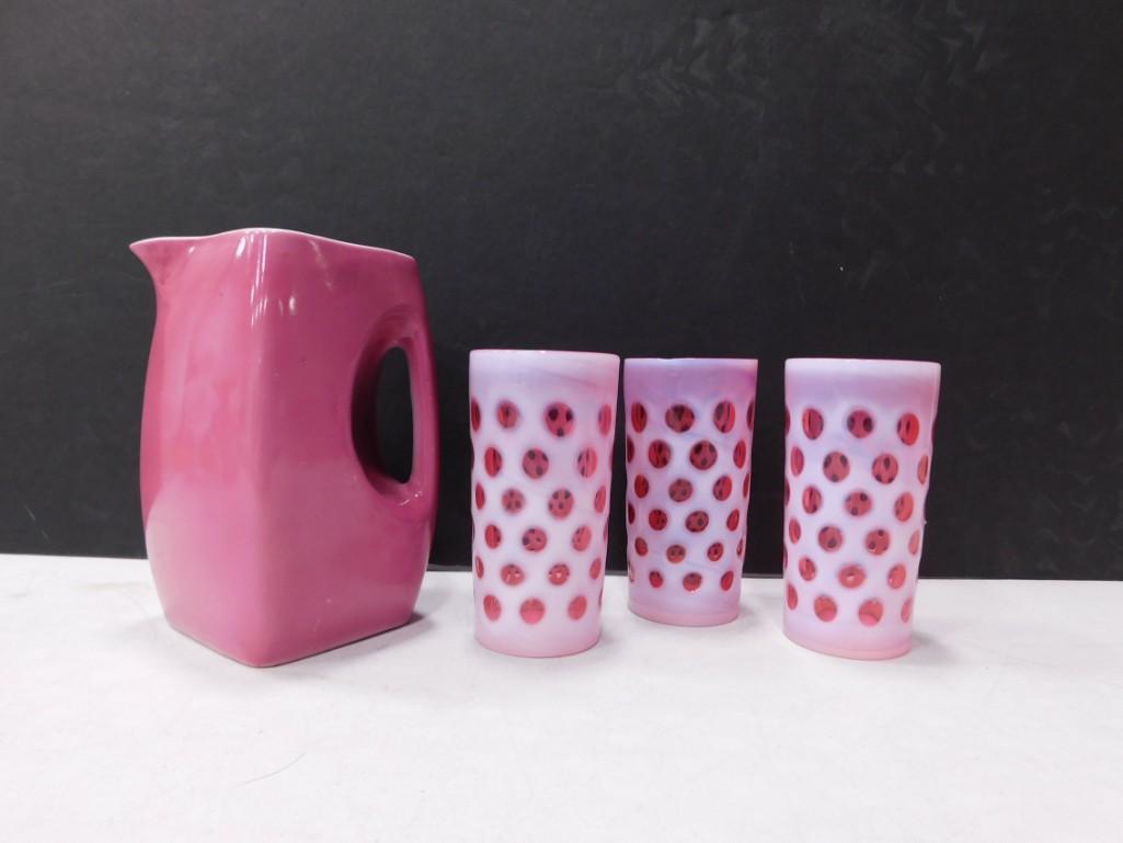 3 Vintage Fenton Cranberry Coin Dot Tumblers Polka Dot Opalescent and an Avco Square Pitcher (1 of 10)