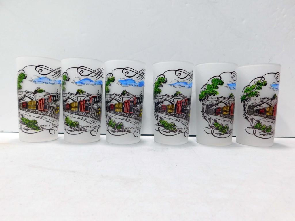 6 Currier and Ives Frosted Glass Barware Tumblers or Highball Glasses: 6 Currier and Ives Frosted Glass Barware Tumblers or Highball Glasses